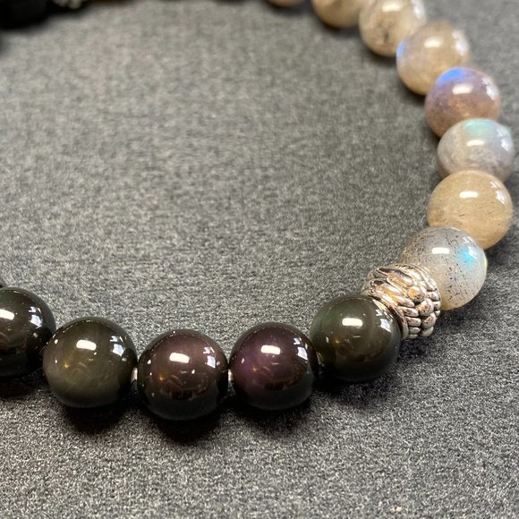 Natural Blue Flash Labradorite & Rainbow Obsidian Gemstone Healing Bead Bracelet - Picture 4 of 5